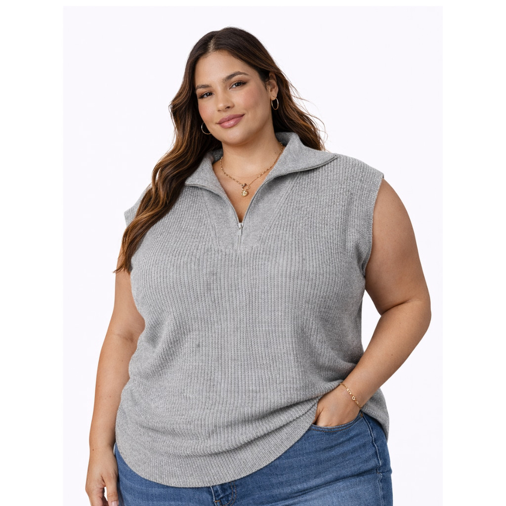 Women’s Plus Size Casual Sleeveless Half Zip Pullover Sweater–Gray–Size 2XL–NWT
